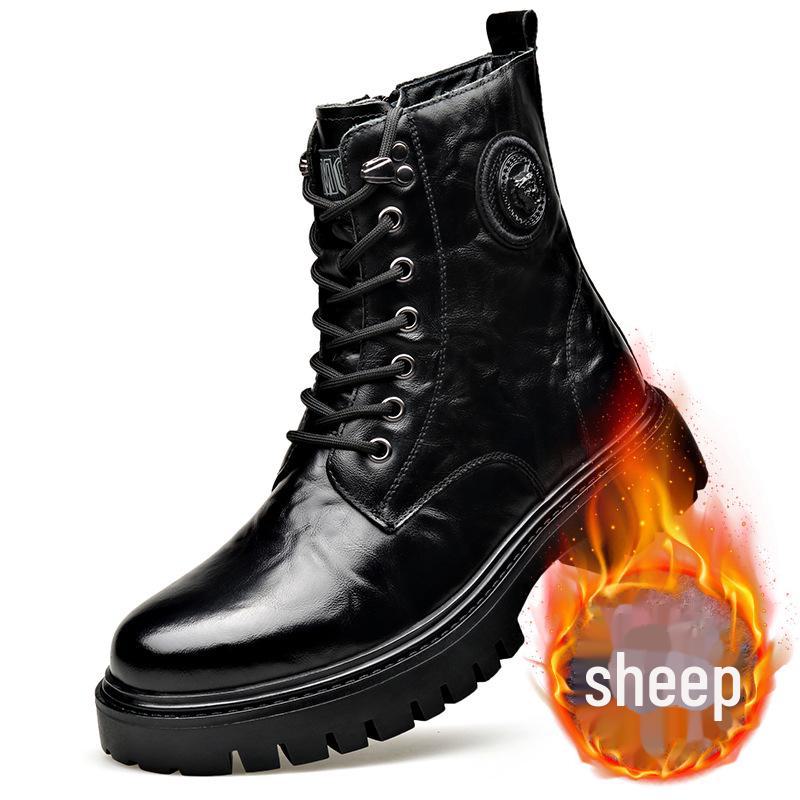 Men's Trendy Wool-Lined Cowhide High-Top Martin Boots with Side Zipper - Casual and Warm.