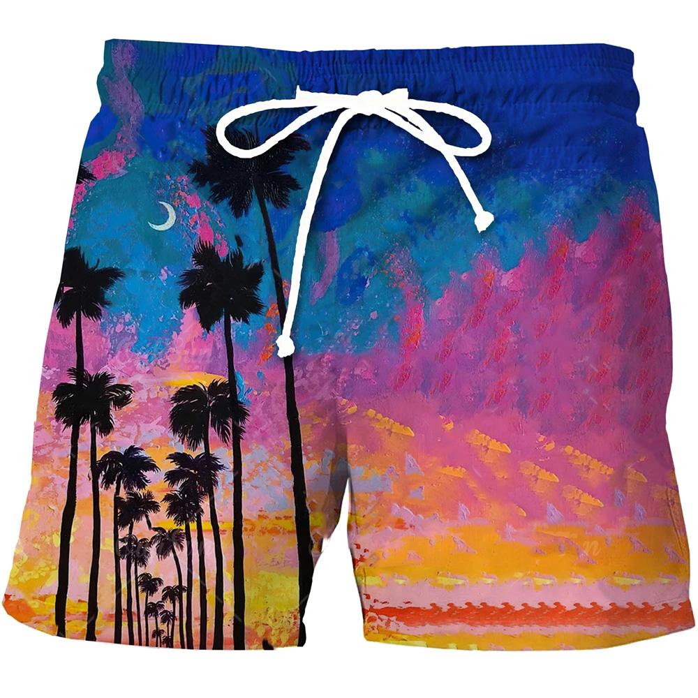 Men's Casual Shorts Beach Hawaii Casual Sports Shorts Natural Plants 3D Printing Shorts Fashion Men Breathable Drawstring Shorts