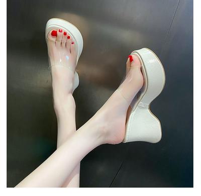 Transparent Belt Open-toed Thick-bottomed Waterproof Table, Super High-heeled Cool Slippers, Women's Outer Weave Wedge Heel, One and a Half Word Drag,