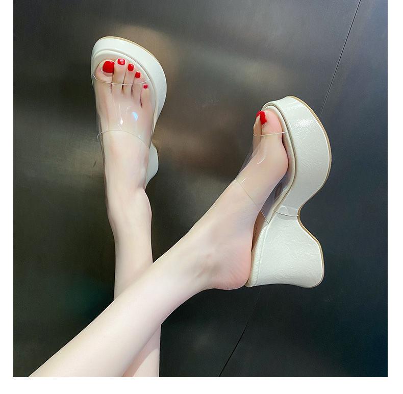 Transparent Belt Open-toed Thick-bottomed Waterproof Table, Super High-heeled Cool Slippers, Women's Outer Weave Wedge Heel, One and a Half Word Drag,