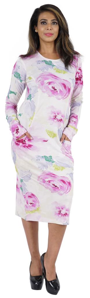 Bimba Printed Long Bodycon Dress With Pockets For Women Full Sleeves Dress Midi