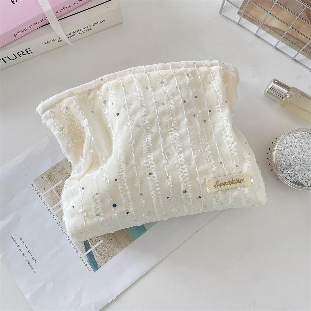 

Lace Striped Paillette Cosmetic Bag Portable Travel Toiletry Bag Washing Cosmetic Organizer Makeup Storage Bag белый