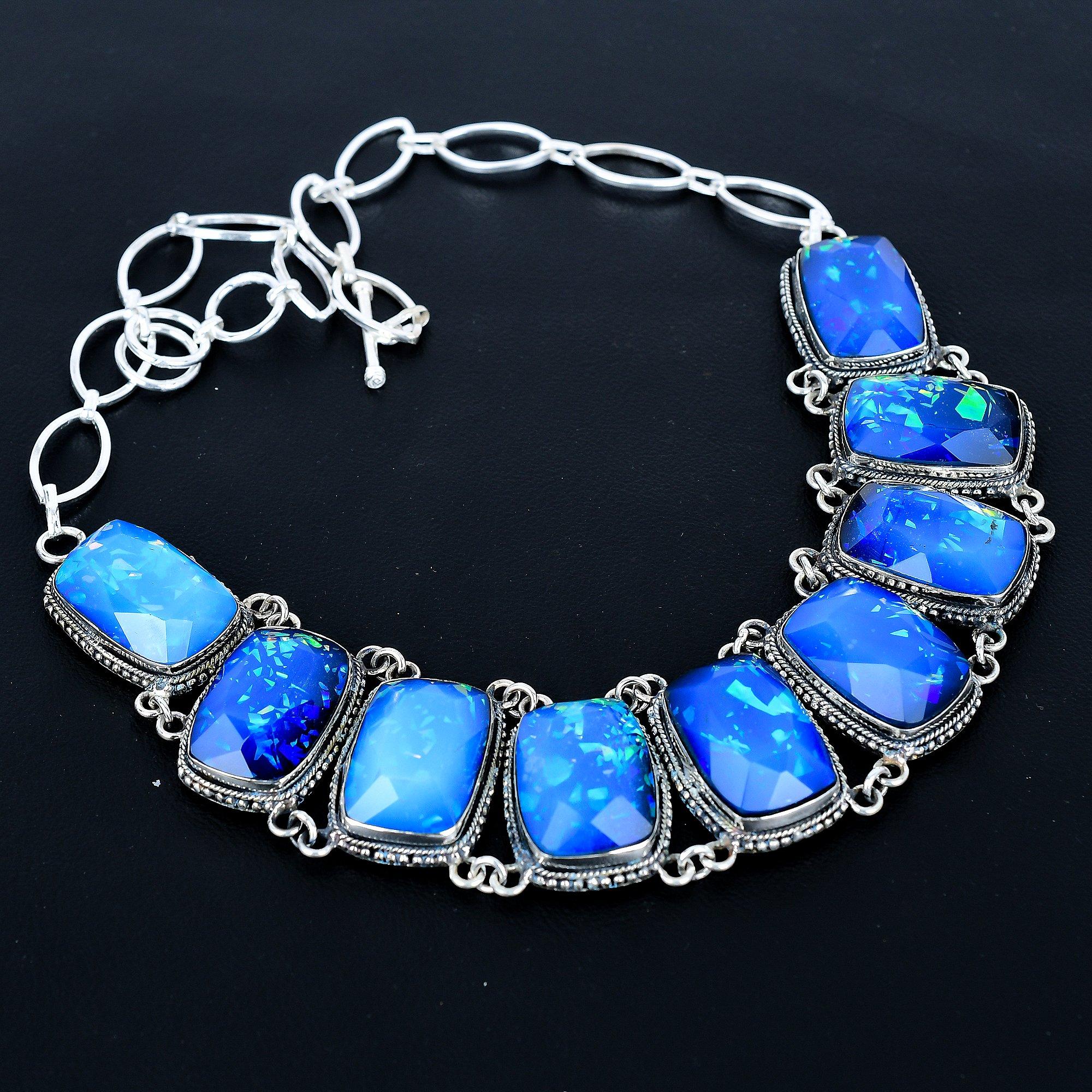 

Blue Shani Triple Fire Opal Necklace, 925 Sterling Silver Jewelry, Gemstone Jewelry Adjustable Chain Necklace Handmade Jewelry New Year Gift 20 синій