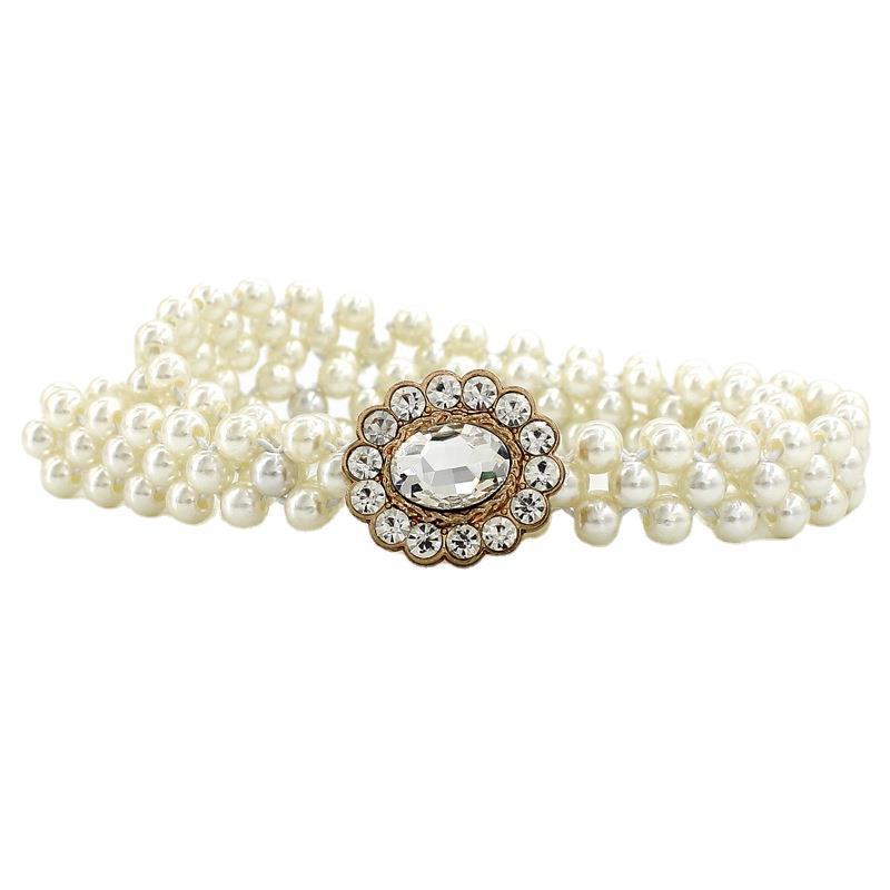 Korean Version of Women's Rhinestone Pearl Waist Chain Fashion Dress Decorative Elastic Waist Belt Women's Sweet Flower Elastic Waist Seal