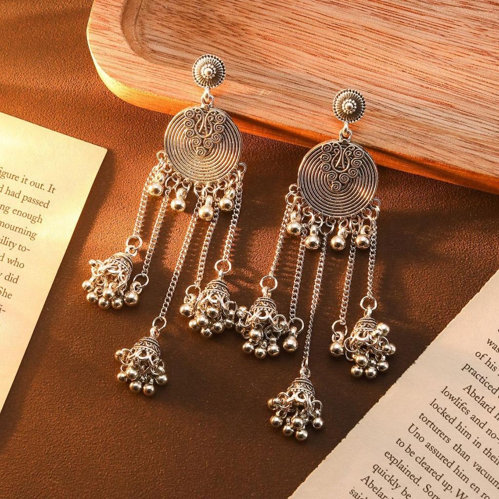 Cross-border Hot Sale Indian Ethnic Style Round Bells Fringed Pendant Earrings Retro Bohemian Earrings Premium Sense