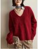 Women's High-End French V-Neck Sweater – Soft, Long-Sleeved, Solid Color Knitwear for Autumn & Winter, Loose Fit, Trendy Style.