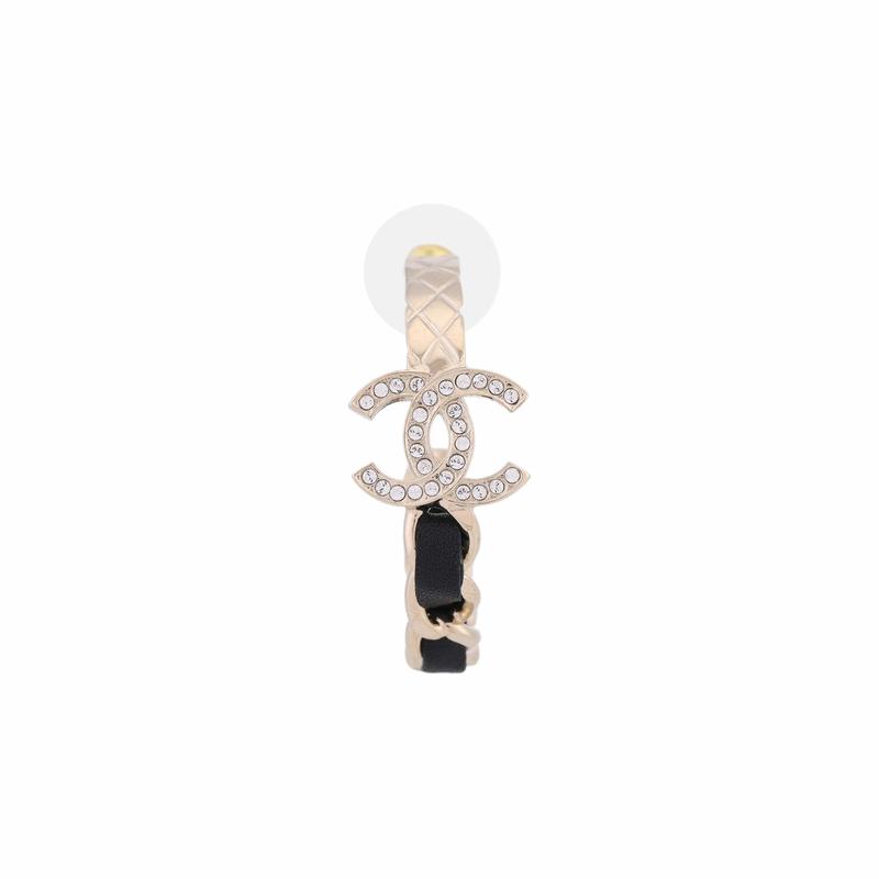CHANEL Logo Metal Calfskin Rhinestone Earrings Women's Black/Gold