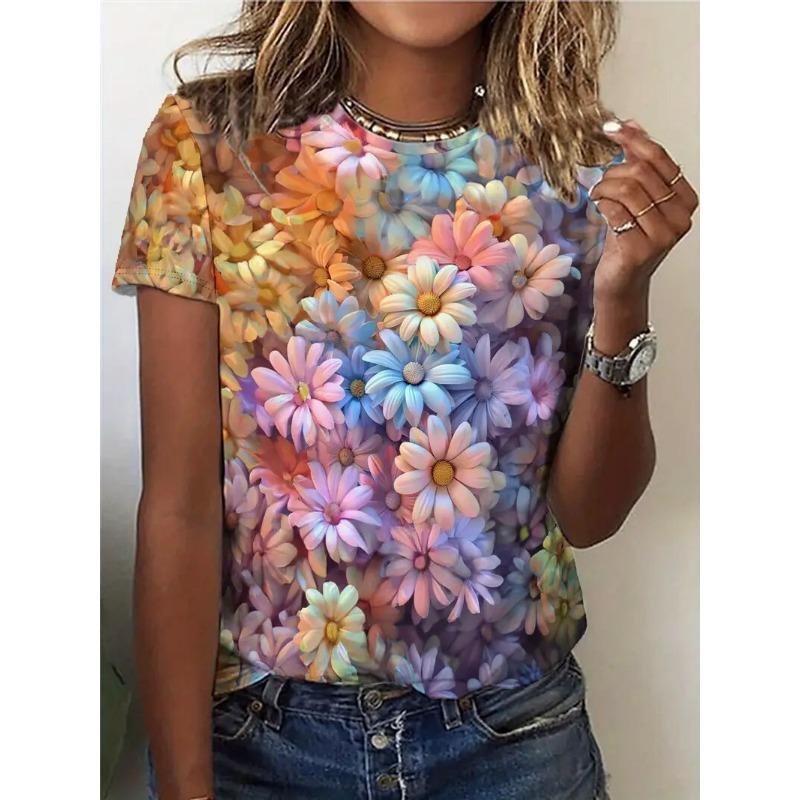Sommar Dam T-shirt Casual Kortärmad Blommigt Tryck T-shirt Mode Street Lös O-ringad Pullover Kläder Kvinna Överdimensionerad