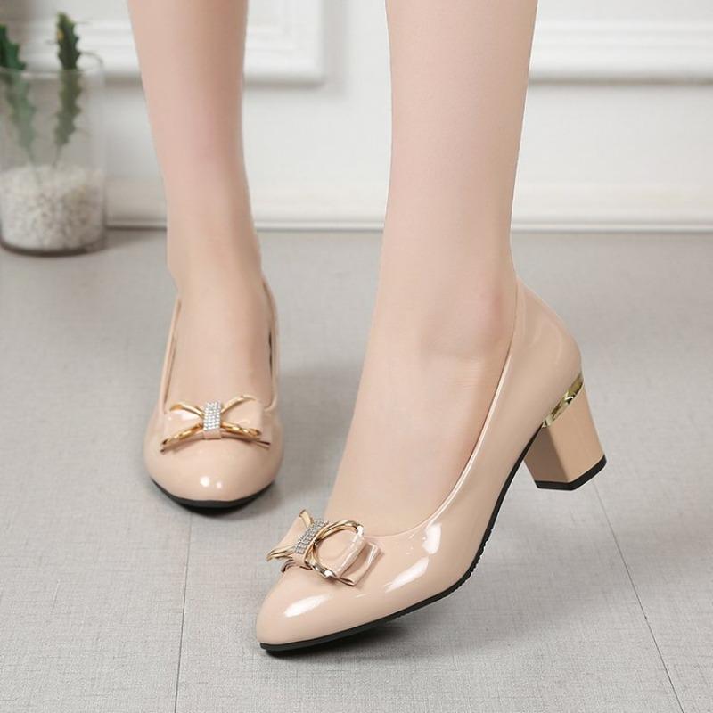 2025 Women's Dress Shoes Patent Leather High Heel Shoes Medium Heel Office Women's  Metal Bow