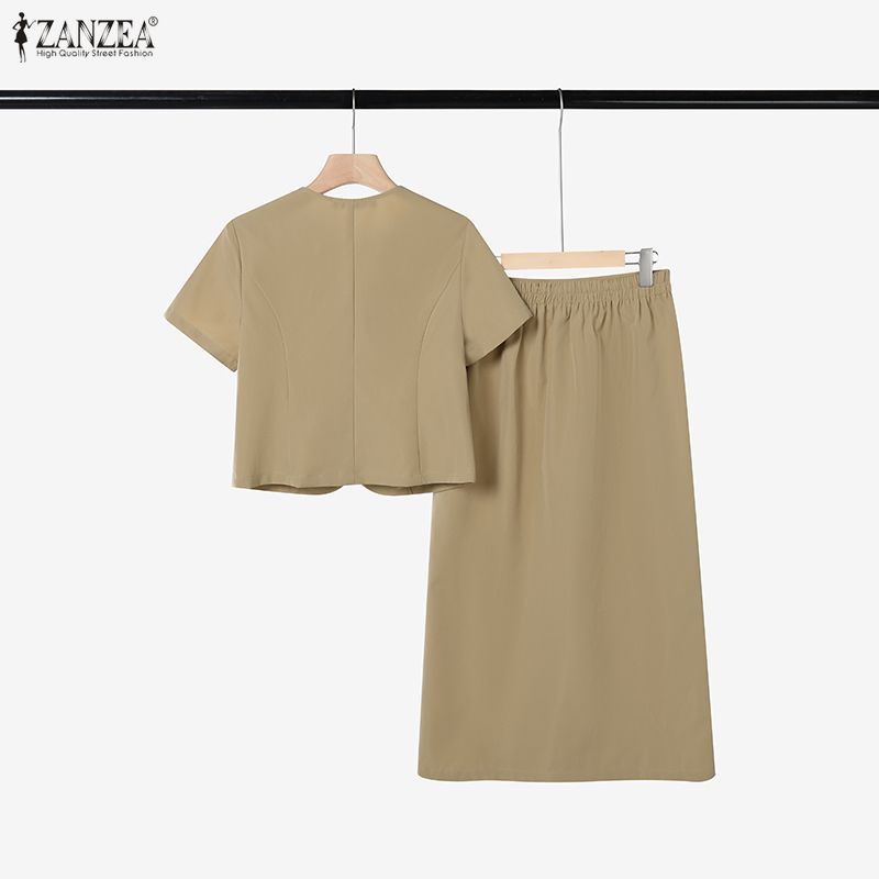 ZANZEA Women Short Sleeve Blouse and Skirts Summer Two Piece Suit Sets