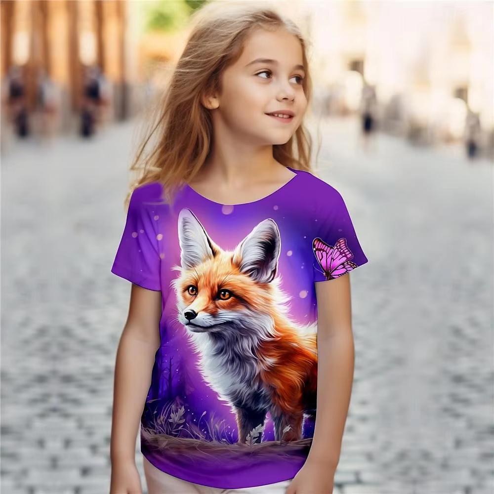 Female Child Clothes Print Animal Fox Cartoon Crew Neck Short Sleeves Graphic T Shirts Summer Fashions Outdoor T-Shirt for Girls