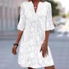 Sommer Damen Elegantes Midi V-Ausschnitt 3/4 Ärmel Weiß Blumenstickerei Kleid Europäischer & Amerikanischer Stil Crossbody