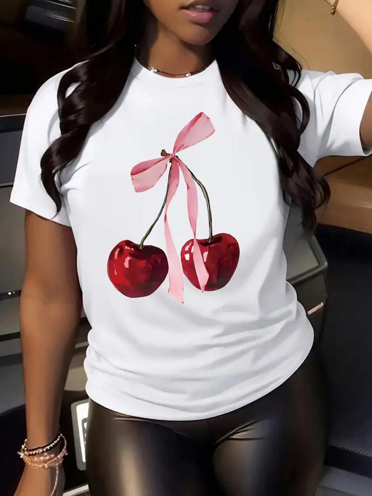 Cherry Print Womens Tshirt Women Loose Comfortable Tee Red Cherries Graphic Daily Streetwear Fashion Soft Top T Shirt