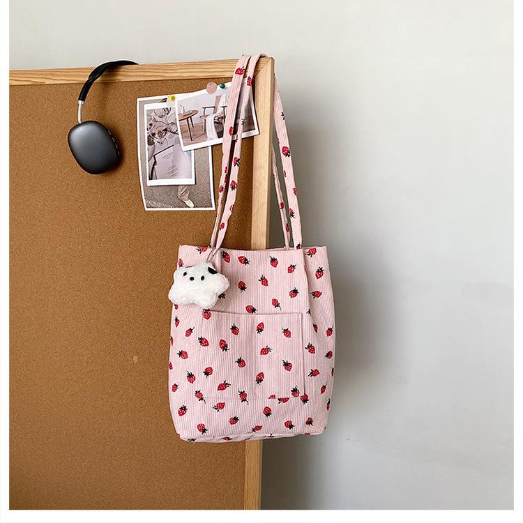 Versatile Corduroy Printed Tote Bag Student Class Make-Up Bag Large Capacity Shoulder Bag Strawberry Canvas Bag Bag