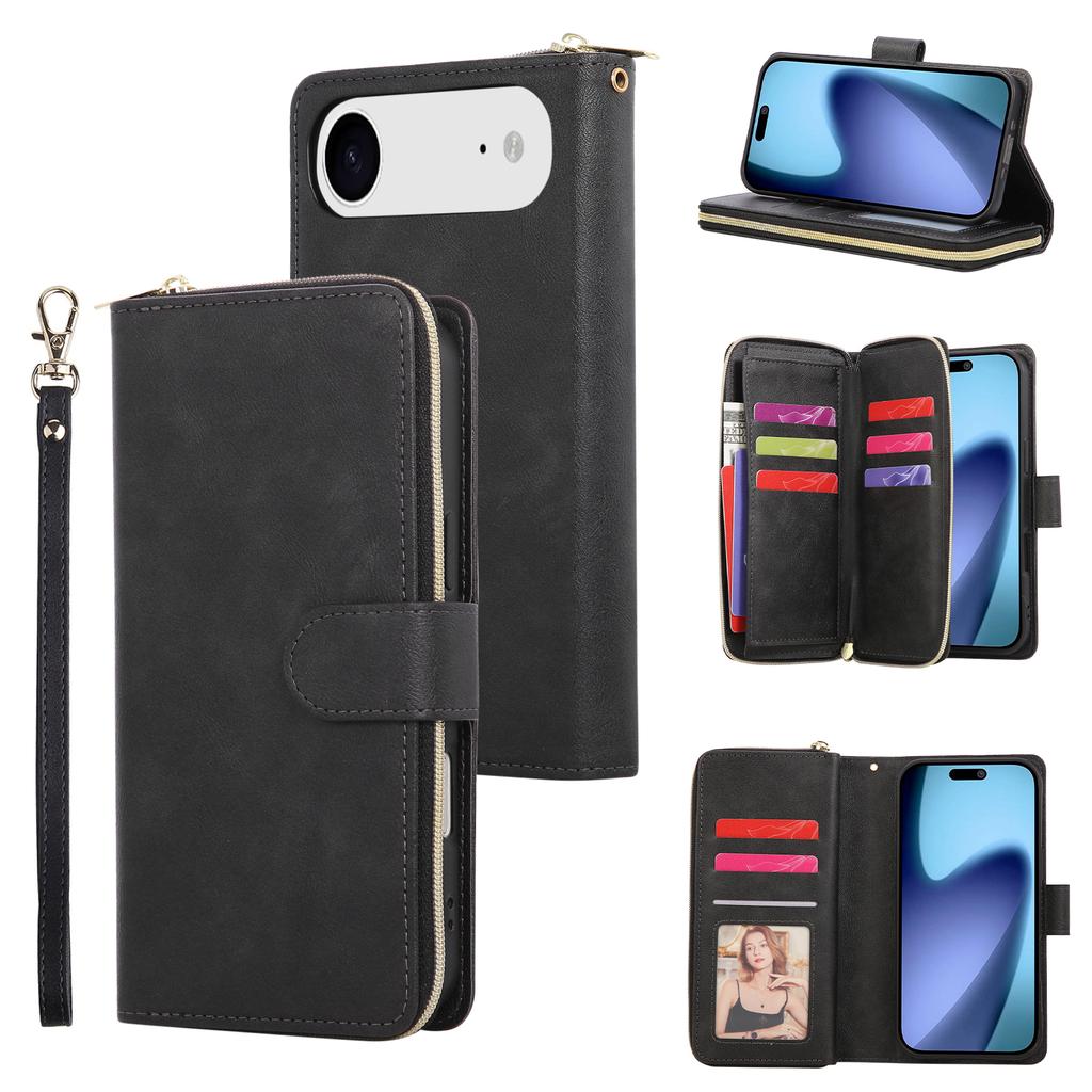 For iPhone 17 Air Case Zipper Pocket 9 Card Slots PU Leather Phone Cover with Hand Strap