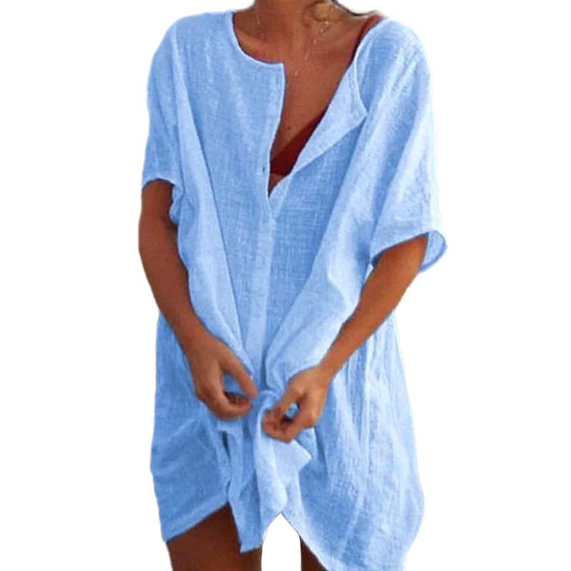 Big Size 8XL Pure Color Shirt Women Deep V Short Sleeve Blouse Summer Leisure Loose T Shirt Dress
