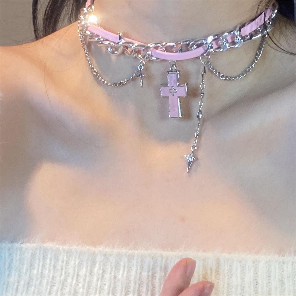 Harajuku Y2K Millennium‑Style Sweet‑Cool Women Collarbone Chain, Love‑Pendant Splicing‑Chain Punk‑Hip‑Hop Ins‑Vibe Pink Necklace Accessories