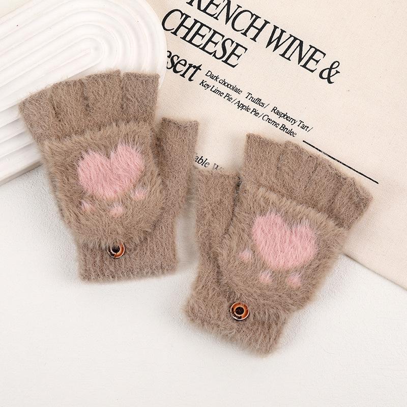Winter Thicken Cat Paw Pattern Gloves for Women Girls Outdoor Warm Plush Mittens Fashion Solid Soft Plush Half Finger Gloves
