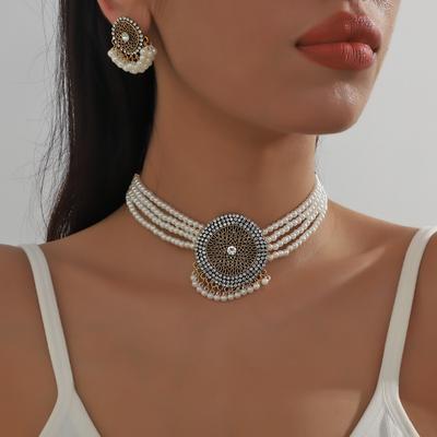 Luxury Rhinestone Necklace Earrings Imitation Pearl Choker Necklace Set Retro Jewelry Set  Wedding