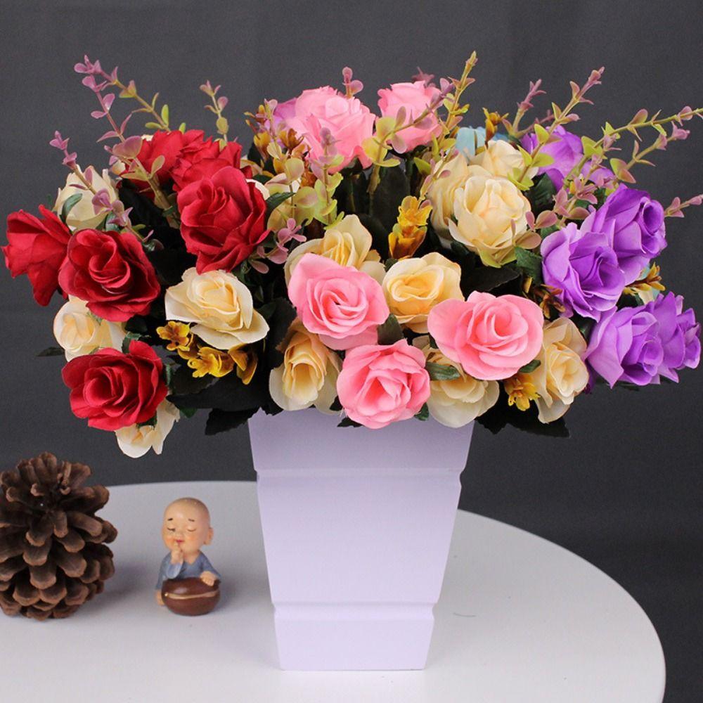 Multicolor Lifelike Rose Flowers 12 Heads Simulation Plants Leaves  Party Supplies