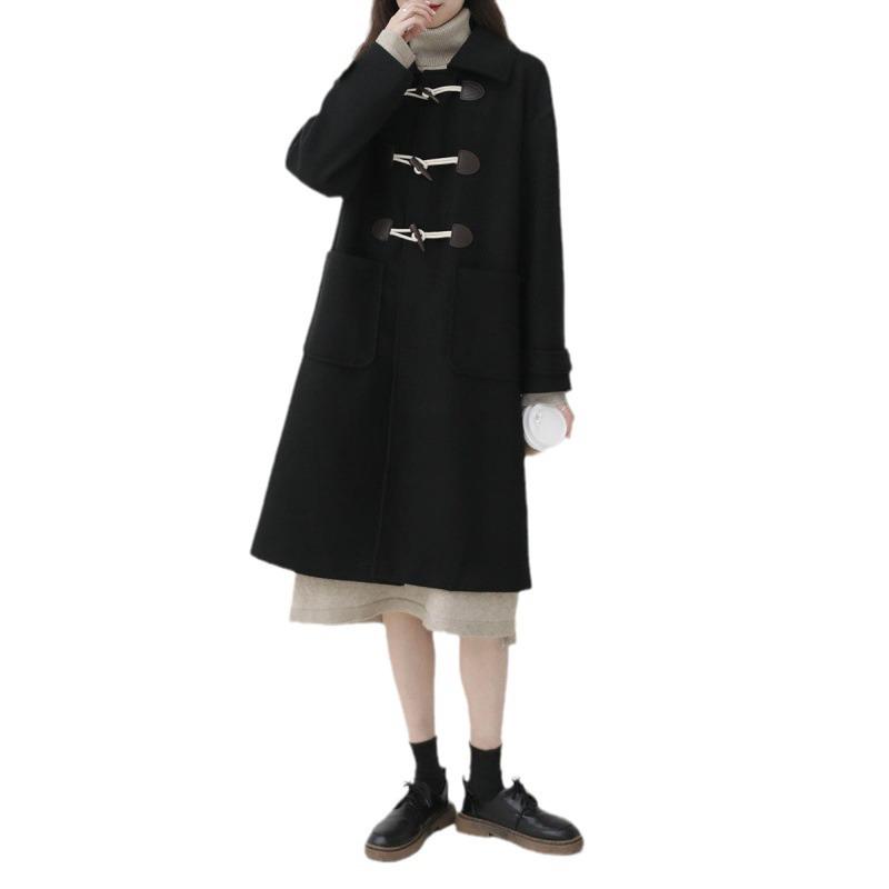 Women's Retro Toggle Wool Coat: Mid-Length Korean Preppy Style, Thickened for Autumn & Winter 2023