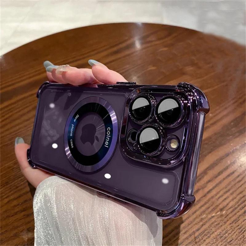 

Новый чехол Magsafe для iPhone 15 Pro Max Plus с подушкой безопасности, противоударный магнитный прозрачный силиконовый чехол для iPhone 11 12 13 14 Pro Max iPhone 15 Pro фиолетовый