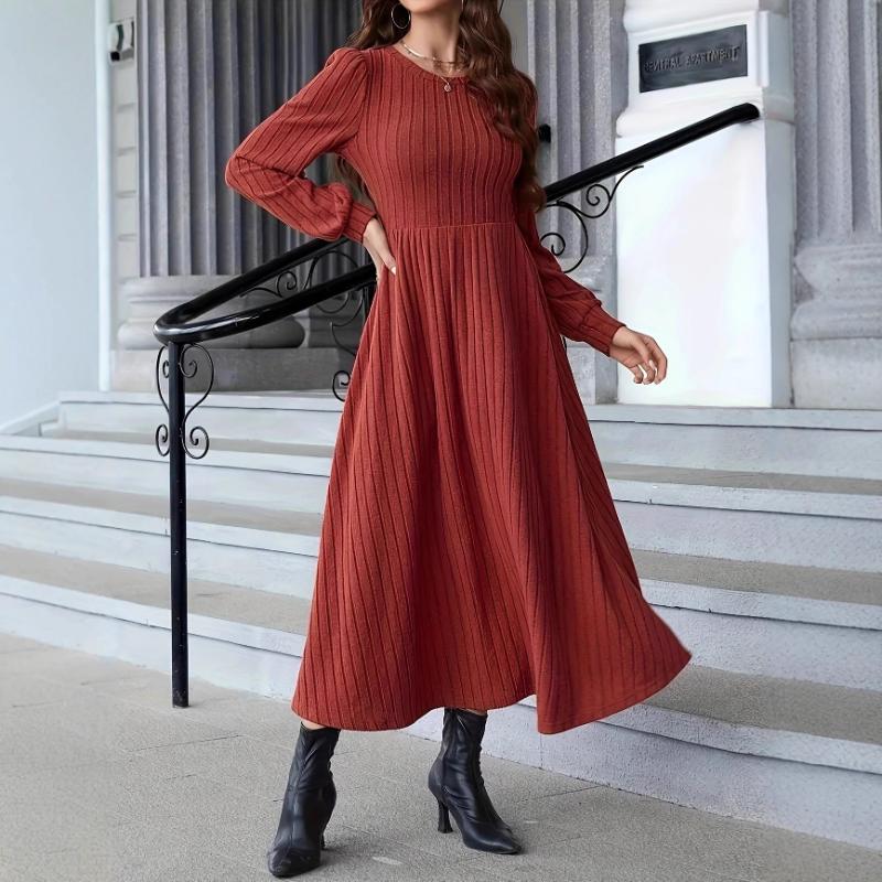 Solid Color Round Neck Long Sleeve Pullover Casual Elegant Thread Fashionable Dress
