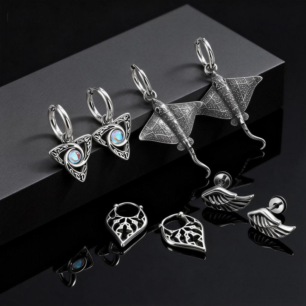 Multi Style Fashion Stainless Steel Hoop Earrings, Vintage Sword Star Geometric Pendant Men's Earrings, Hip Hop Piercing Jewelry