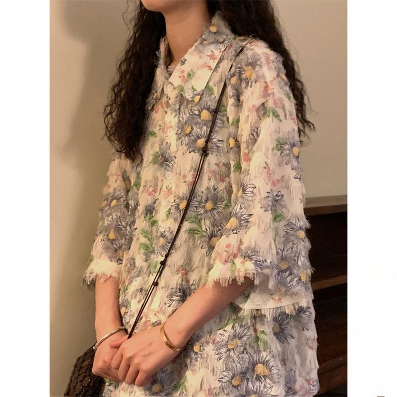 Women's Thin Tassel Short Sleeved Blouses Loose American Retro Casual Blouse Female's Summer Turn-down Collar Clothing