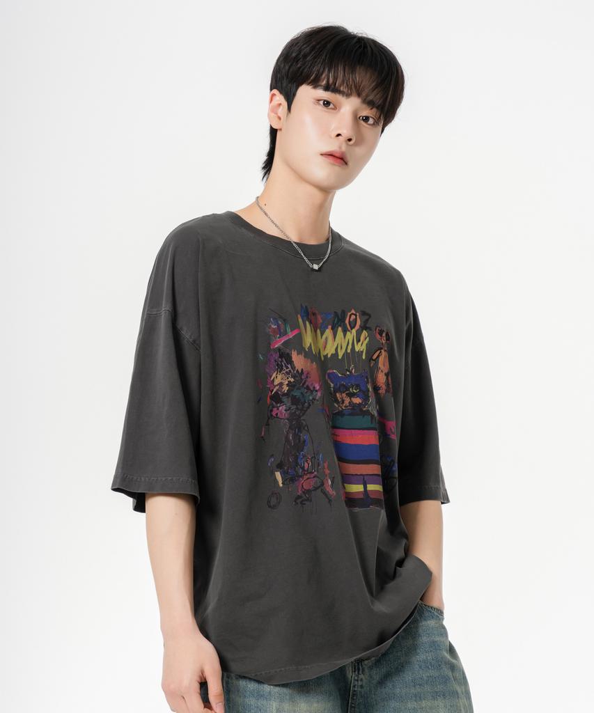 MOZMOZ Pride Bear Oversized Pigment Short Sleeve T-Shirt Charcoal