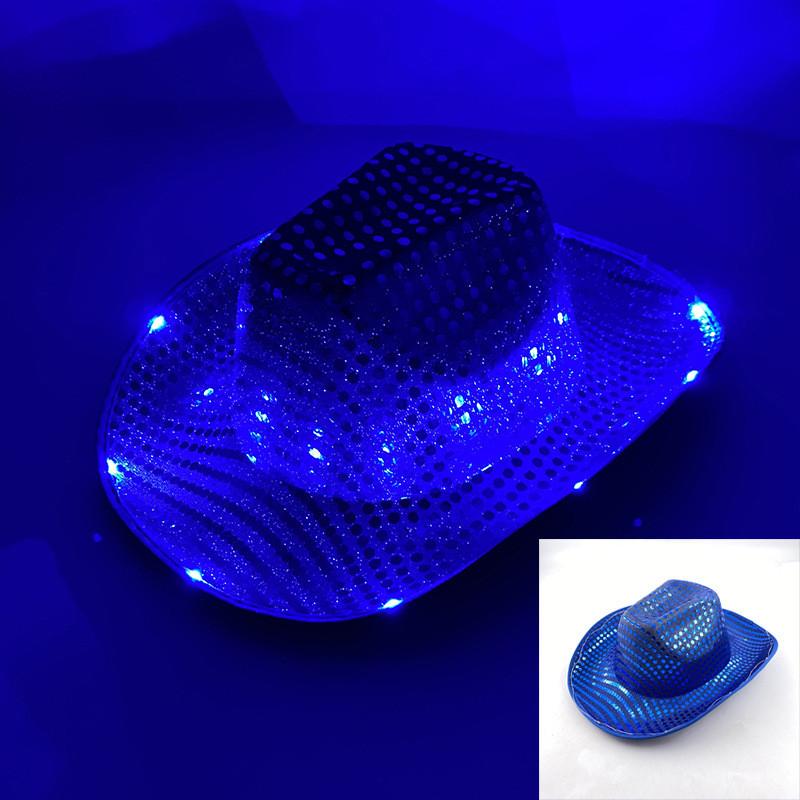 Four Color Led Light Up Western Cowboy Hat With Sequin Pattern For Party Cosplay Stage Performance