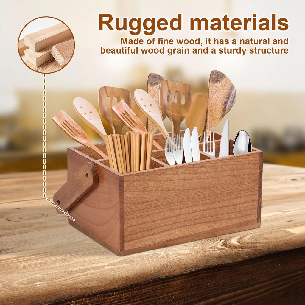 Wooden Kitchen Cooking Utensil Holder with Handle 4 Compartments Caddy Cutlery Holder for Silverware Kitchen Counter Organizer