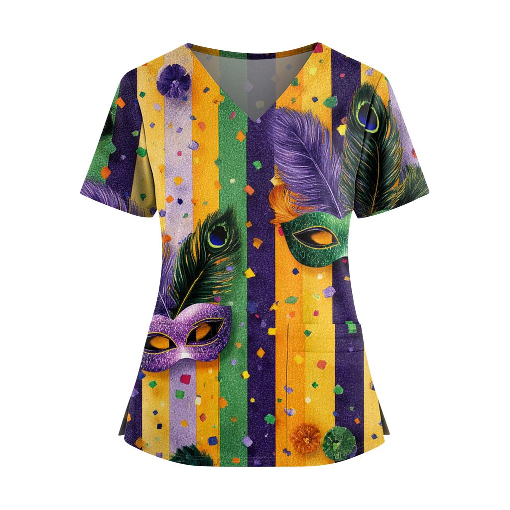 Women's Caregiver  Printed V-Neck Double Pocket Short Sleeves Hem Slit  Uniform Caregiver Top