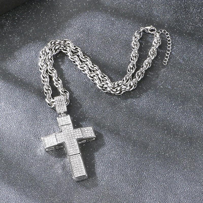 Hip Hop Full Rhinestone Stainless Steel Cross Pendant Necklace for Men Larger Gold Color Cross Party Jewelry Gift CNC Stone