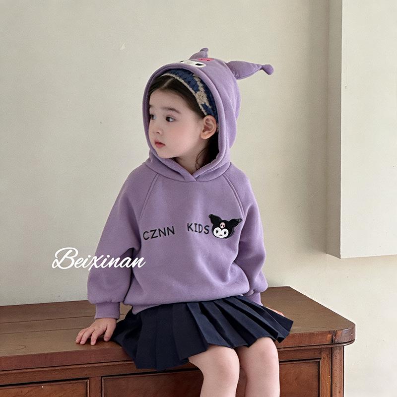 Korean-Style Velvet Hoodie & Pleated Skirt Set for Girls - Autumn/Winter Cartoon Design