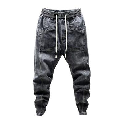 Spring Autumn Men Jeans Elastic Drawstring Waist Pockets Design Denim Pants Solid Color Casual Cargo Harem Trousers