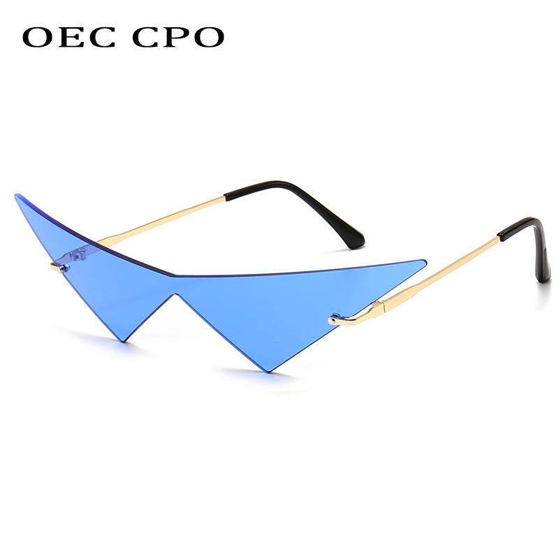 OEC CPO Übergroße Cat-Eye Randlose Sonnenbrille Damenmode Einstückige Gläser Sonnenbrille Weiblicher Trend Dreieckige Brillen Herren UV400