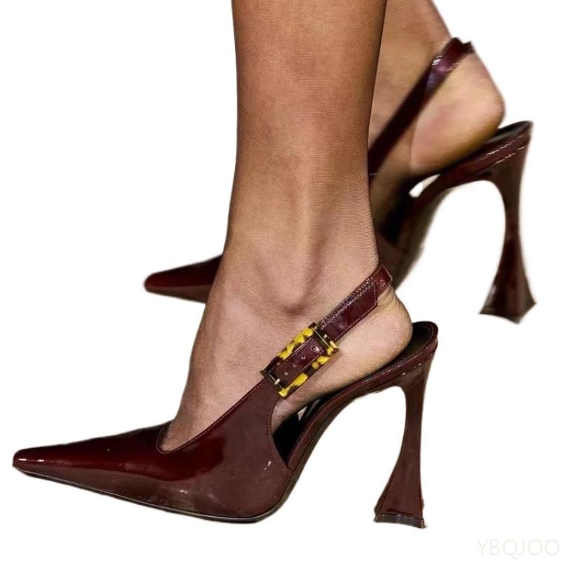 New Women's Baoto Sandals Pointed Back Empty Single Shoe Lacquer Leather Sexy High Heels Black Ladies Slim Heel Shoes Zapatos