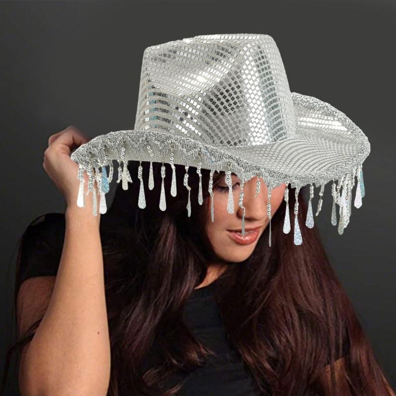 Glitter Party Hat Encrusted with Mirrored and Tassels for Women Party Wear Festival Holiday Bridal Hat Props