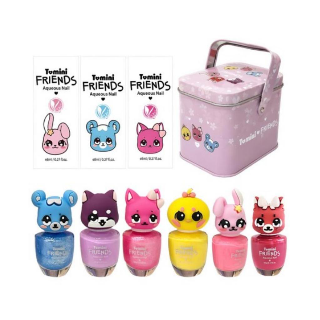 Set de vernis à ongles pour enfants à base d'eau Tumini Friends (6 couleurs) + Étui en fer blanc