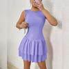 Women's Summer Sleeveless Mini Dress Sexy Round Neck Ruched Ruffle Hem Solid Color Bodycon Casual Dress
