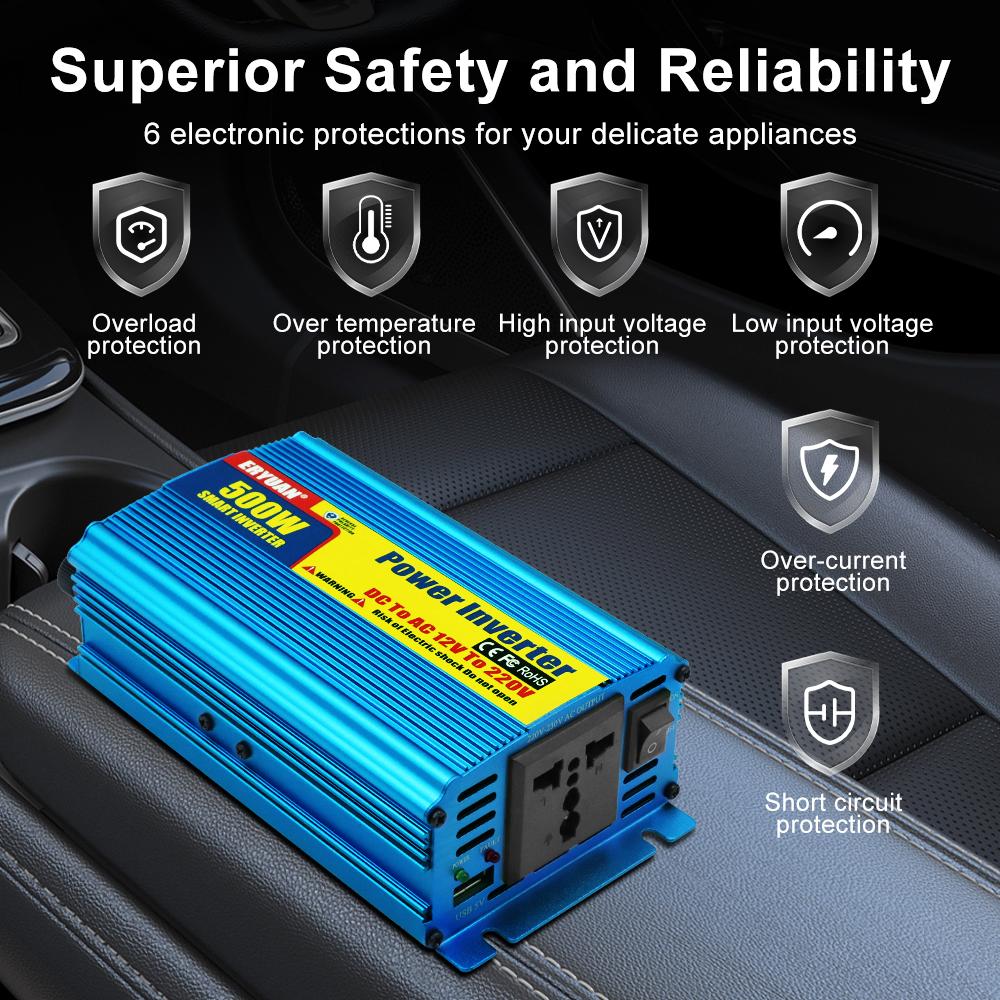 Car Power Inverter 500W Auto Power Supply Inverter Conversion USB Battery Clip DC 12V To AC 220V Battery Converter Cigarette lighter interface