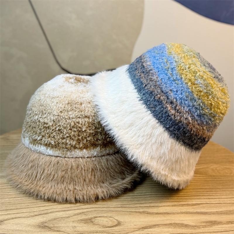 New Hat Women's Retro Bucket Hat Atmosphere Autumn and Winter Knitted Beanie Versatile Warm Plush Fisherman Hat Trendy