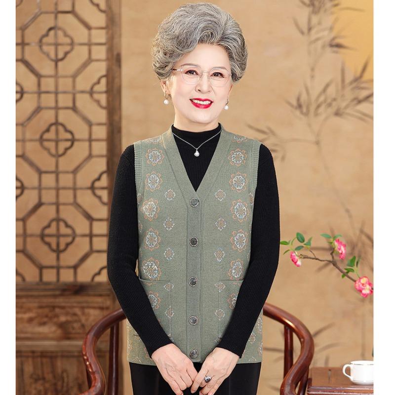 Old man spring and autumn winter clothes women's vest grandma wearing vest old lady knitted cardigan mother sweater vest
