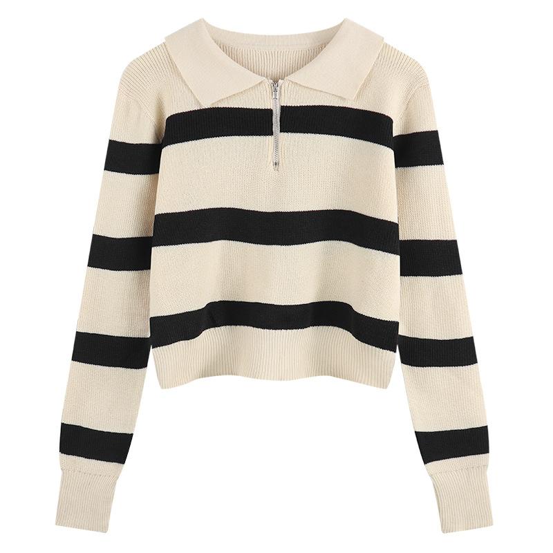 Bottom Shirt Autumn Winter Loose Polo Collar Striped Sweater New Design Zipper Short Top for Women