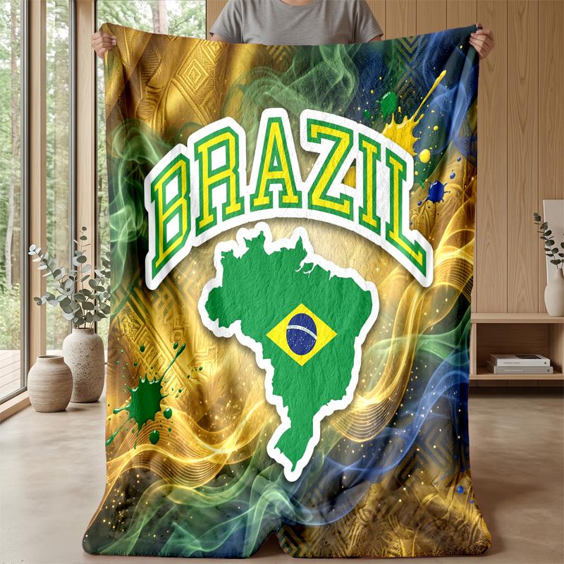 Brazil Football Printed Flannel Blanket Skin Friendly Warm Decorative Throw for Indoor Couch Bed Daily Use