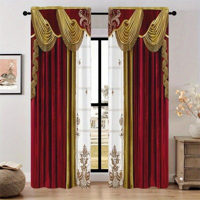 

2 pieces of retro court-style red printed curtains pole bag curtains home decoration room decoration 100*130 HOOK 1pcs