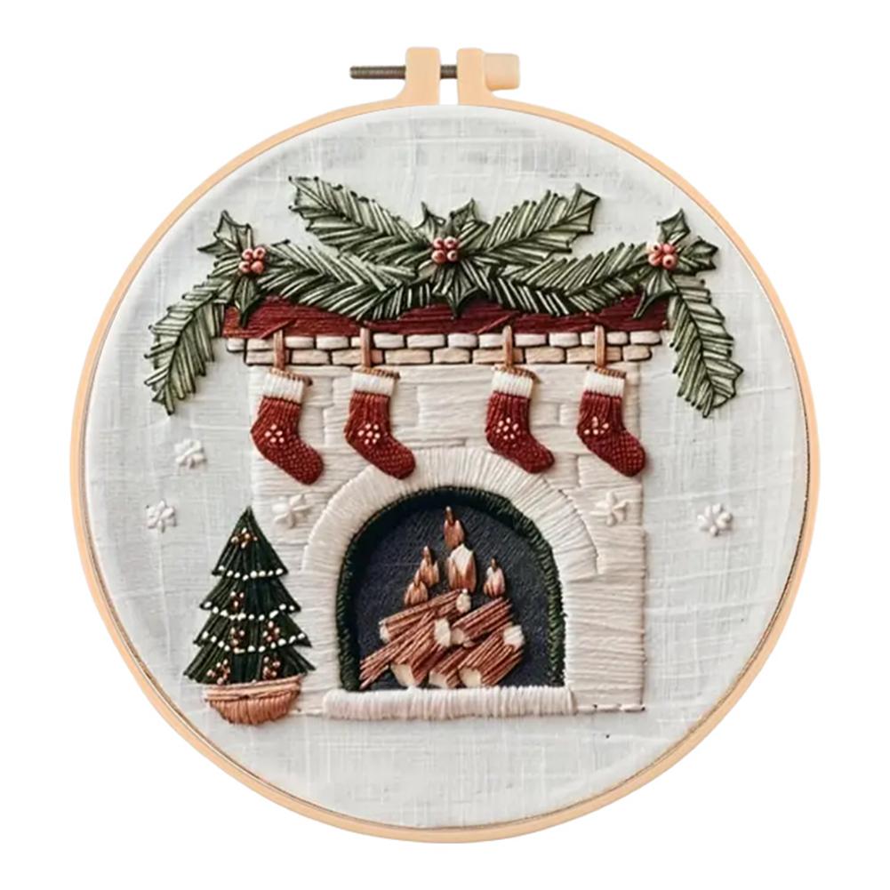 Merry Christmas Needlework Embroidery Kit with Pattern Cotton Threads Needles Hoop Embroidery Starter Kit for Mom Grandma