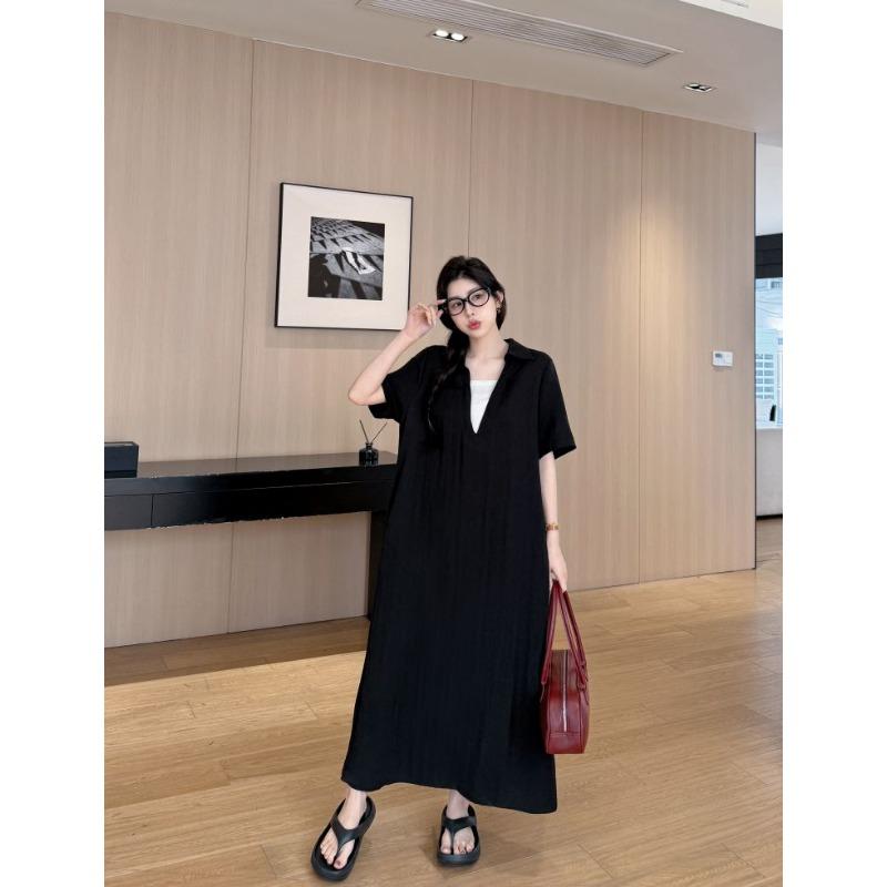 DIMANAF 2026 Plus Size New Black Dress Summer Women Shirt Dress Loose Beach Casual Long Dresses V-Neck Elegant