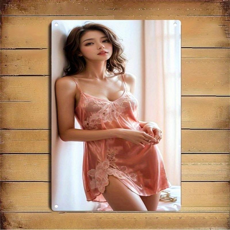 Vintage Metal Wall Sign Home Decor Retro Woman In Pink Lace Dress Iron Art